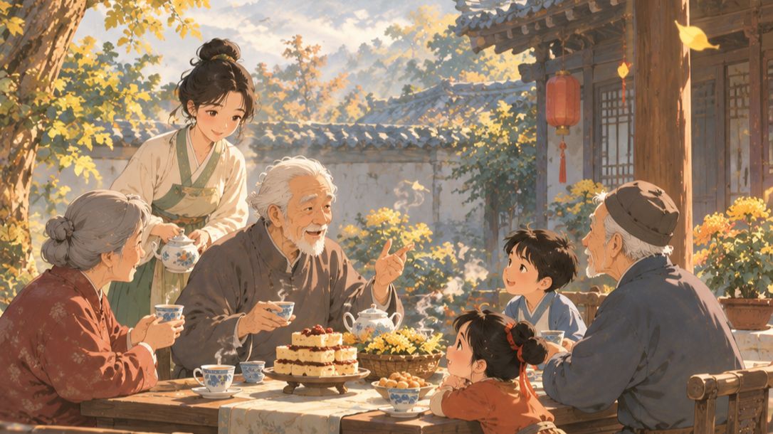 菊黄茱红纸鸢游，山高云淡重阳秋。 一盏清茶敬长久，岁岁安康伴左右。