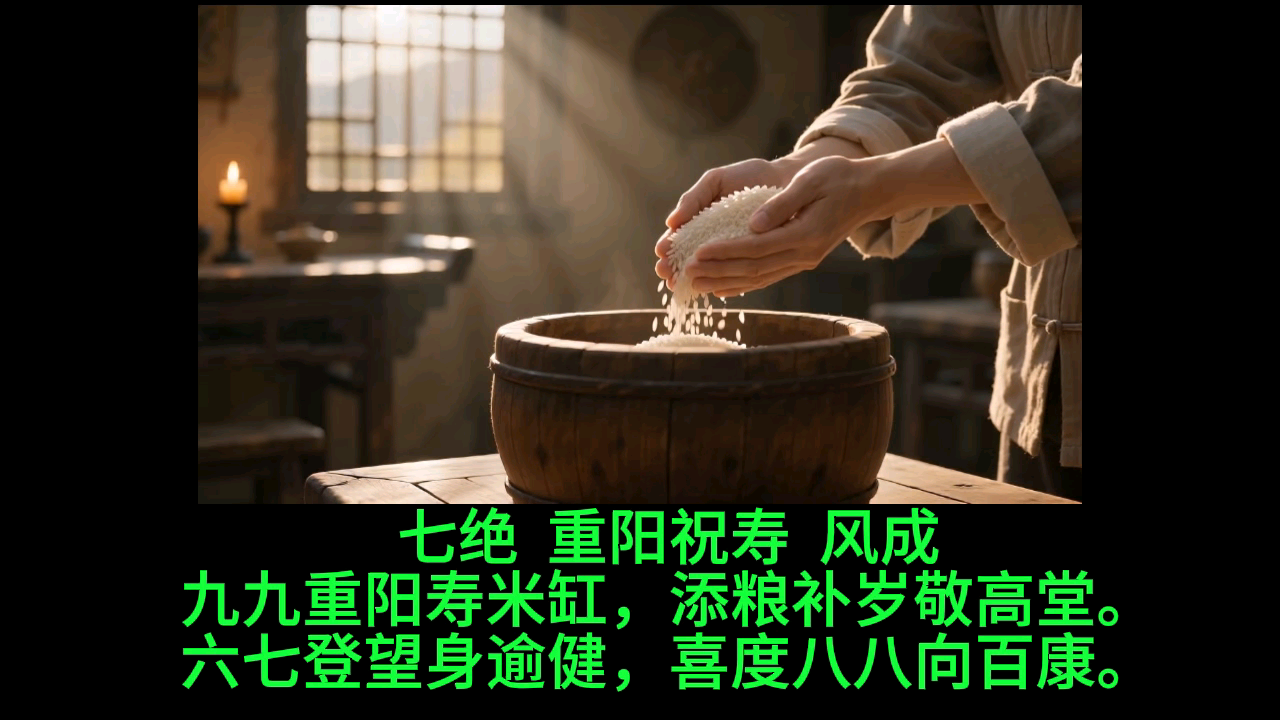 七绝重阳祝寿风成九九重阳寿米缸，添粮补岁敬高堂。六七登望身逾健，喜度八八向百康。