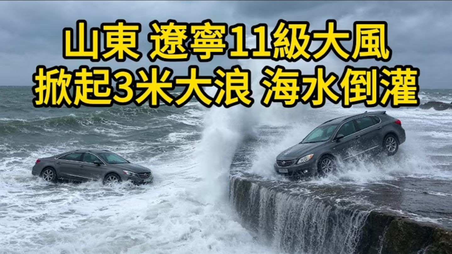 山东 辽宁11级大风：掀起3米以上大浪，海水倒灌，引发大片山火，红绿灯吹倒，成片大树被吹倒，铁皮乱飞，上千私家车被大树砸坏！
