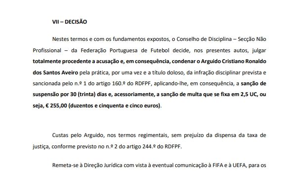 官方：C罗因擅自退出葡萄牙集训营被禁赛30天，罚款255欧