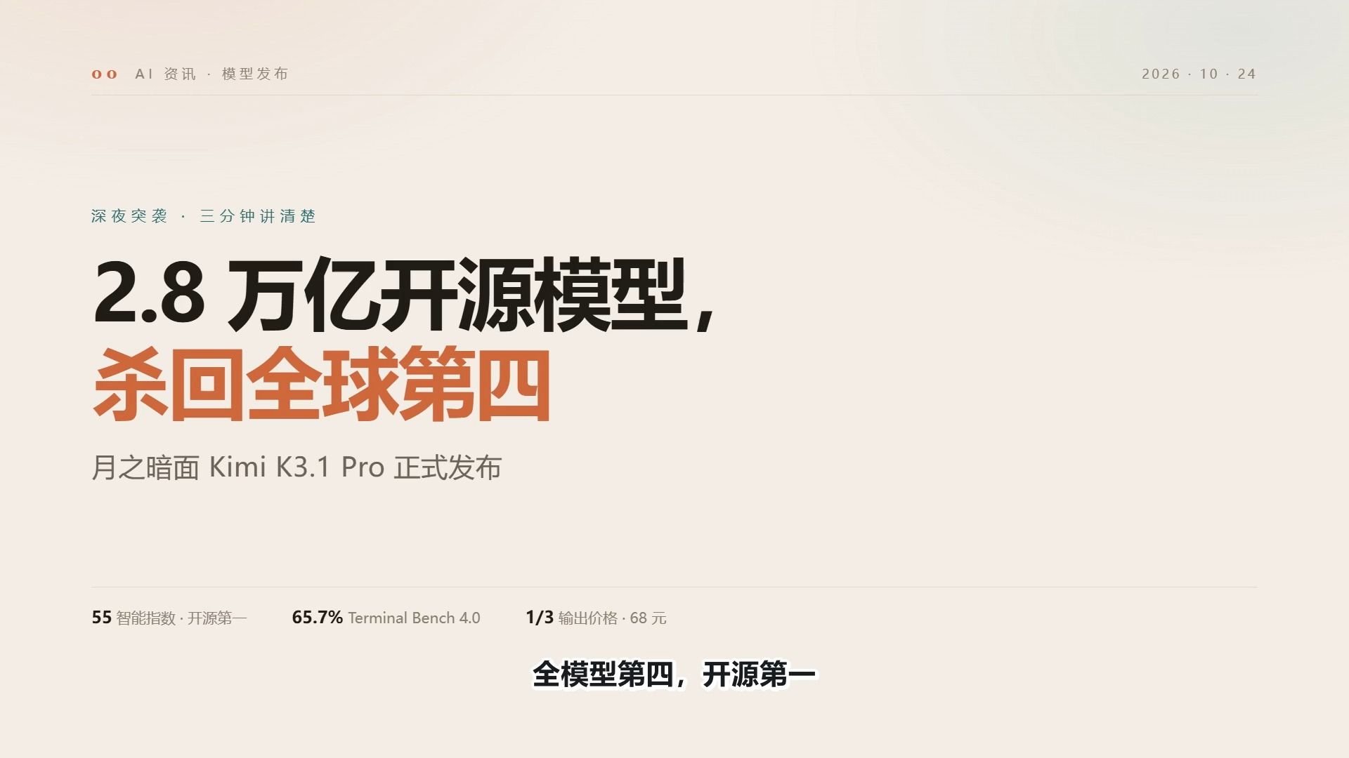 2.8 万亿参数杀回全球第四：2 分钟看懂 Kimi K3.1 Pro