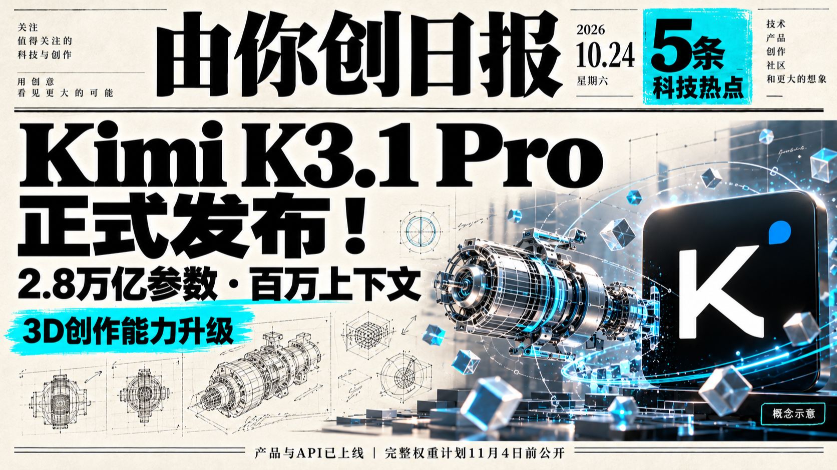2.8万亿参数！Kimi K3.1 Pro正式发布，百万上下文＋3D创作｜由你创日报10.24